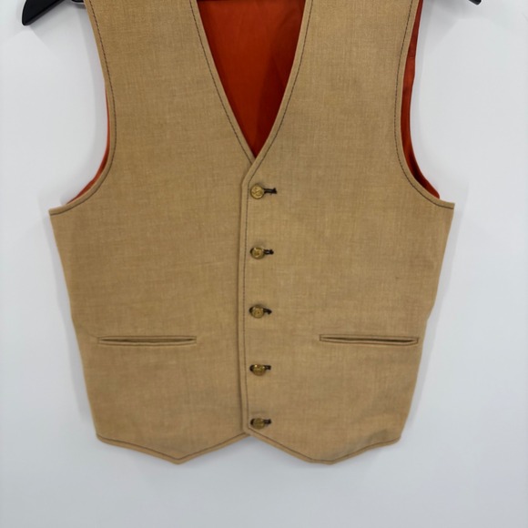 Mens Tan Linen Blend Button Down V Neck Sleeveless Vest 34R Orange Satin Back - Picture 9 of 16